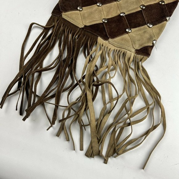 Vintage Tan Shoulder Bag Leather Boho Gypsy Festival Fringe Studded Handbag - Picture 2 of 12